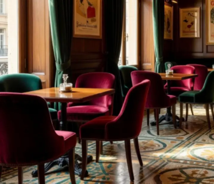 A warm upstairs offline card lounge with velvet-backed chairs and polished walnut tables under lamplight.