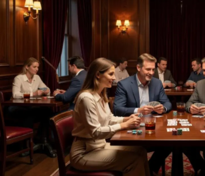 Elegant upstairs offline card lounge with guests engaged in face-to-face card play