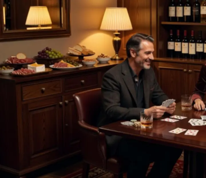 Guests gathered around card tables in a softly lit lounge, engaged in an evening card tournament.