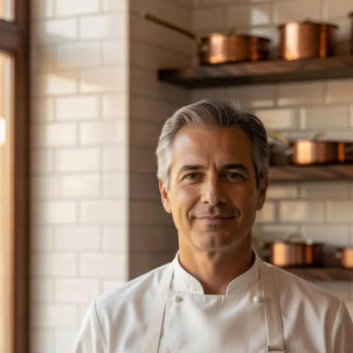 Head chef at Straightandsear plating a contemporary Australian dish in the open kitchen