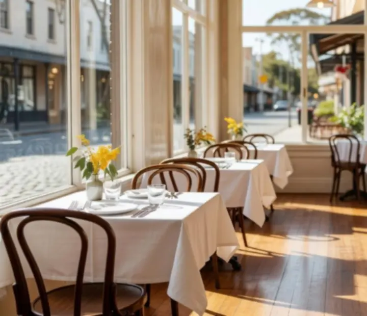 Sun-lit bistro window at Straight & Sear with classic bentwood chairs
