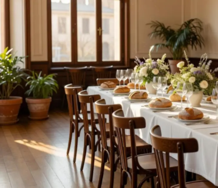 A sun-lit bistro room set for an intimate seasonal event at Straightandsear