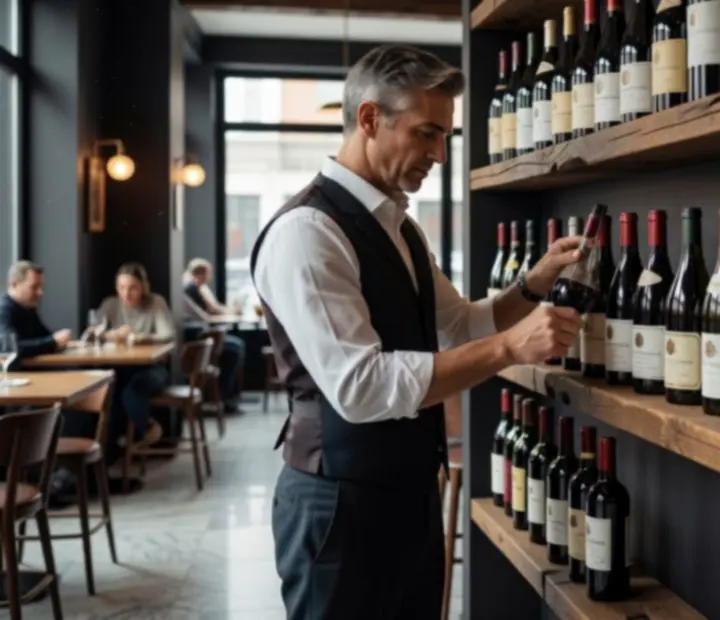 Wine and spirits specialist at Straightandsear selecting bottles from the cellar